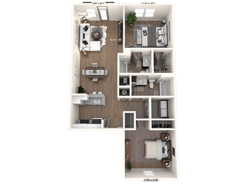 Floor plan for 2 beds, 2 baths, 999 sqft
